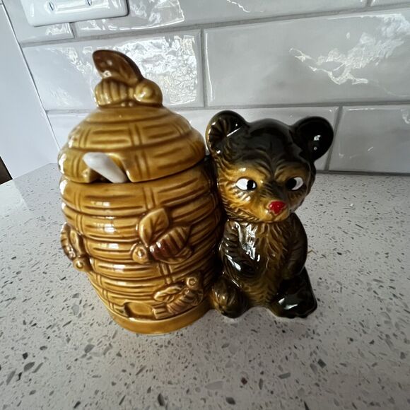 Vintage Kitschy Honey Bear Beehive Honey Ceramic Pot Jar Server w/Spoon - Picture 6 of 8